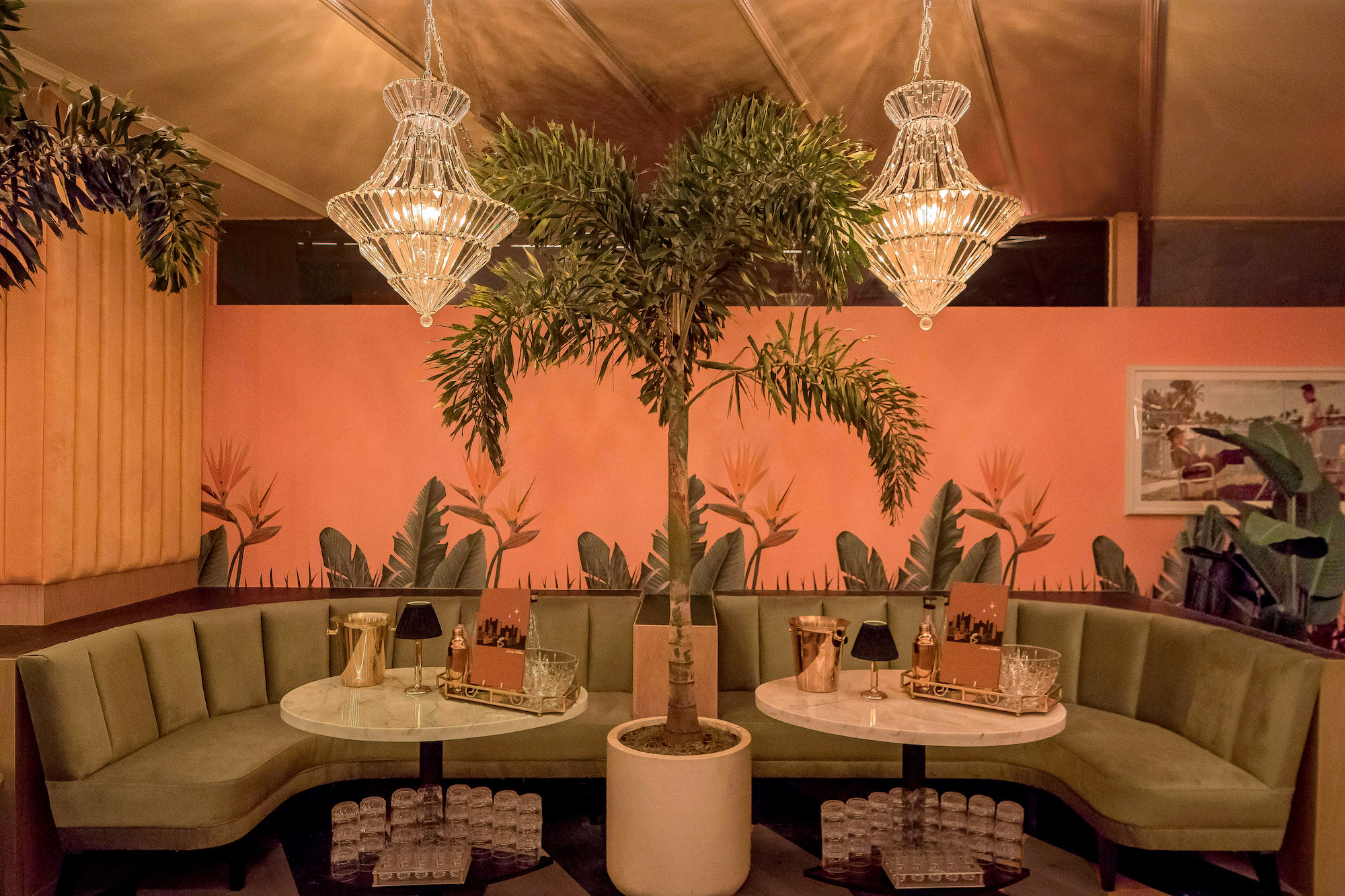 A Bootsy Bellows seating area with painted walls, potted plants, and pastel upholstery.